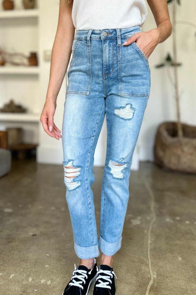 Judy Blue Full Size Distressed Straight Jeans with Patch Pockets - Luxe Shopping