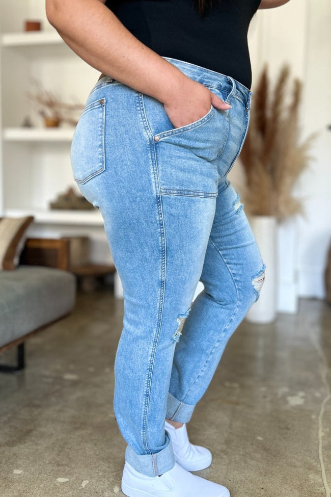 Judy Blue Full Size Distressed Straight Jeans with Patch Pockets - Luxe Shopping