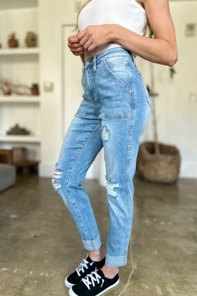 Judy Blue Full Size Distressed Straight Jeans with Patch Pockets - Luxe Shopping