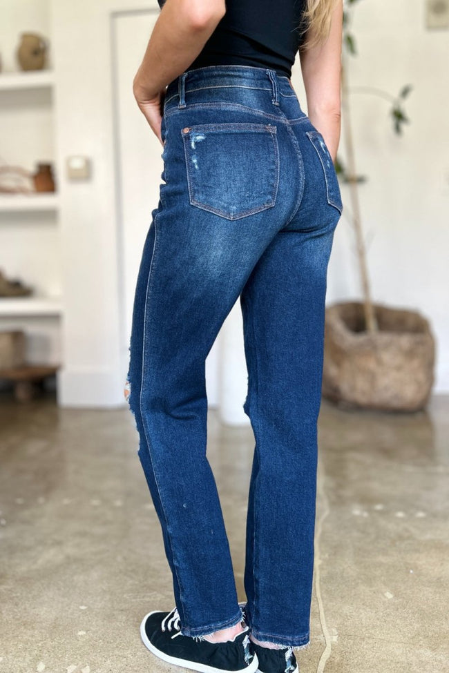 Judy Blue Full Size High Waist Rigid Magic Heavy Destroy Straight Jeans - Luxe Shopping