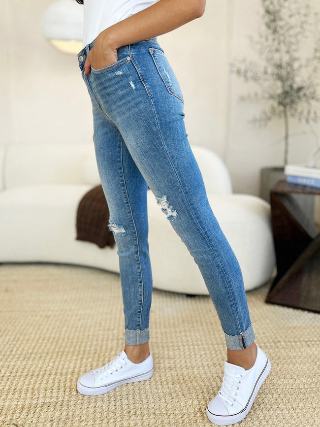 Judy Blue Full Size Mid Rise Destroy & Cuff Skinny Jeans - Luxe Shopping