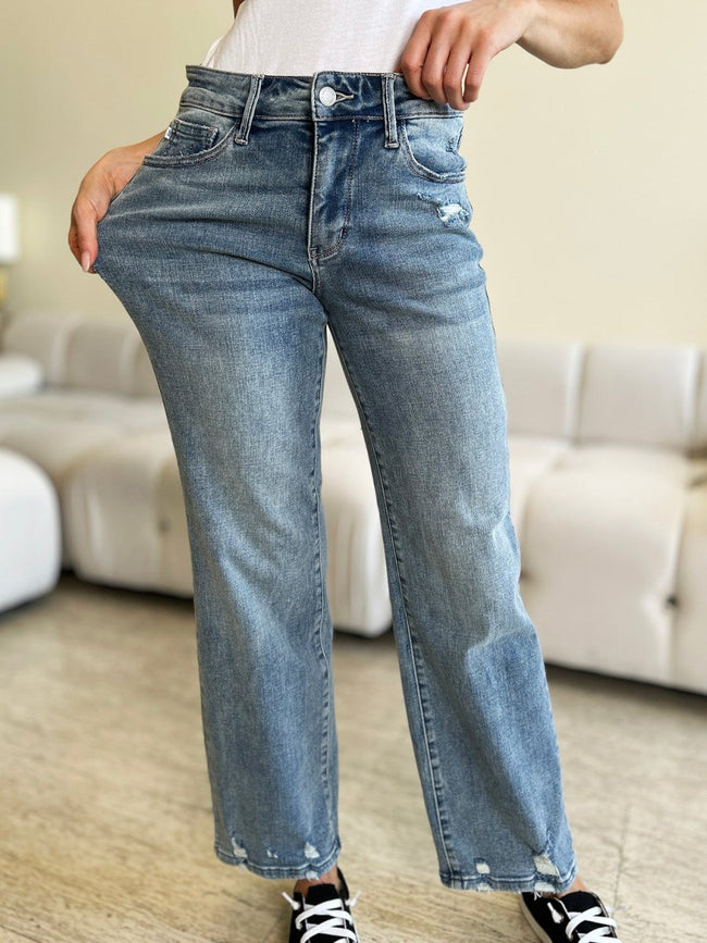 Judy Blue Full Size Mid Rise Distressed Straight Jeans - Luxe Shopping