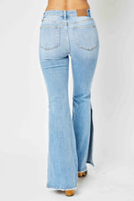 Judy Blue Full Size Mid Rise Raw Hem Slit Flare Jeans - Luxe Shopping