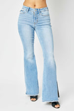 Judy Blue Full Size Mid Rise Raw Hem Slit Flare Jeans - Luxe Shopping