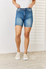 Judy Blue Full Size Tummy Control Double Button Bermuda Denim Shorts - Luxe Shopping