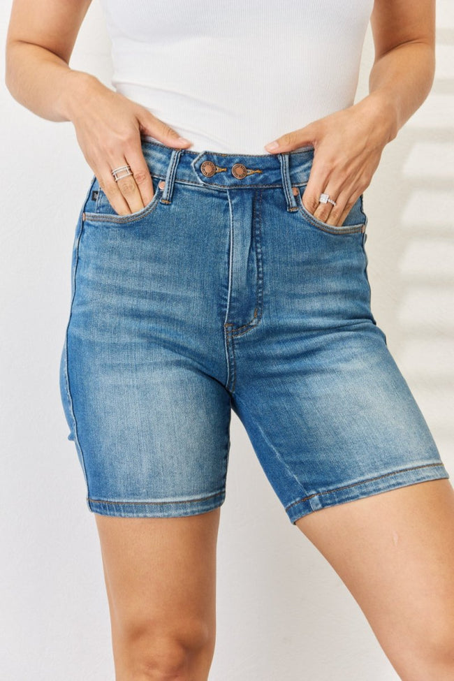 Judy Blue Full Size Tummy Control Double Button Bermuda Denim Shorts - Luxe Shopping