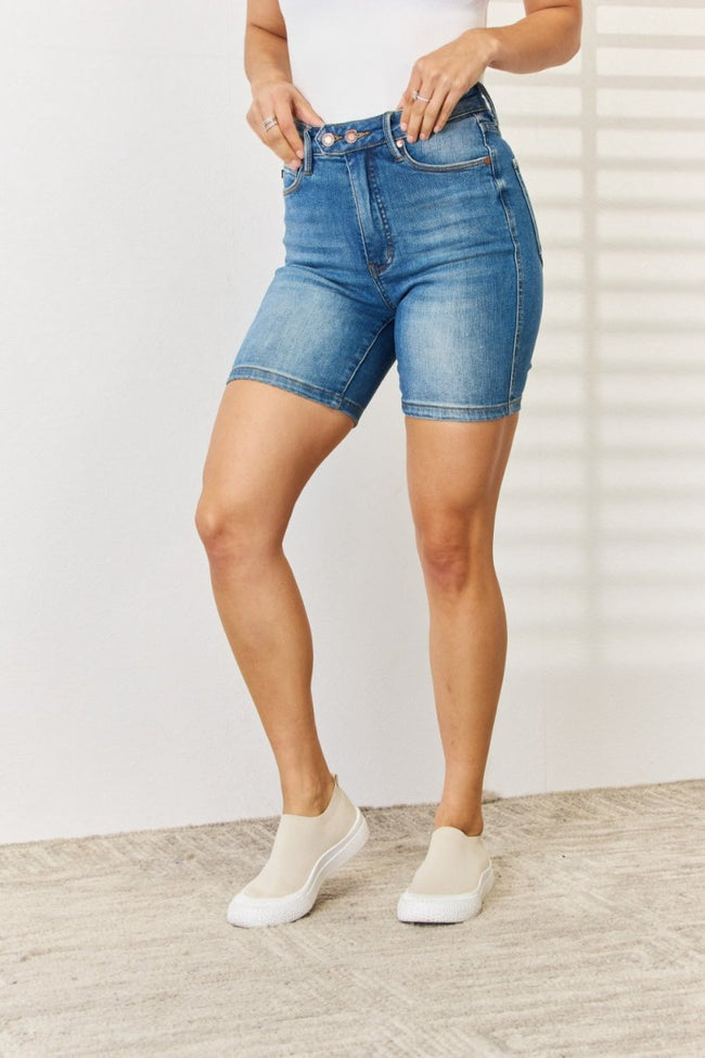 Judy Blue Full Size Tummy Control Double Button Bermuda Denim Shorts - Luxe Shopping