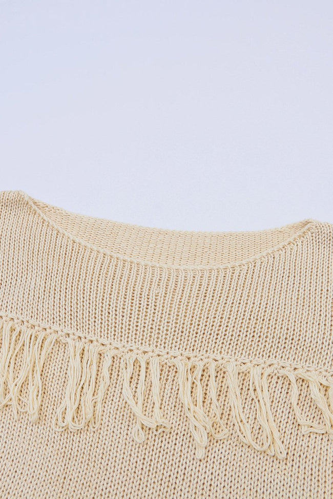 Khaki Boho Tasseled Knitted Sweater - Luxe Shopping