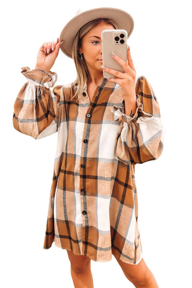 Khaki Plaid Pattern Collared Neck Ruffled Sleeve Shirt Dress - Luxe Shopping