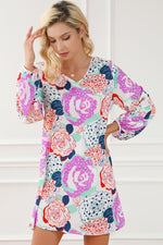 Multicolor Bracelet Bubble Sleeve Blooming Flower Print Dress - Luxe Shopping