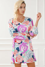 Multicolor Bracelet Bubble Sleeve Blooming Flower Print Dress - Luxe Shopping