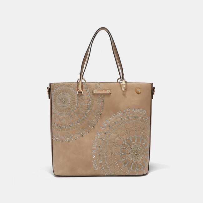 Nicole Lee USA Metallic Stitching Embroidery Inlaid Rhinestone Tote Bag - Luxe Shopping