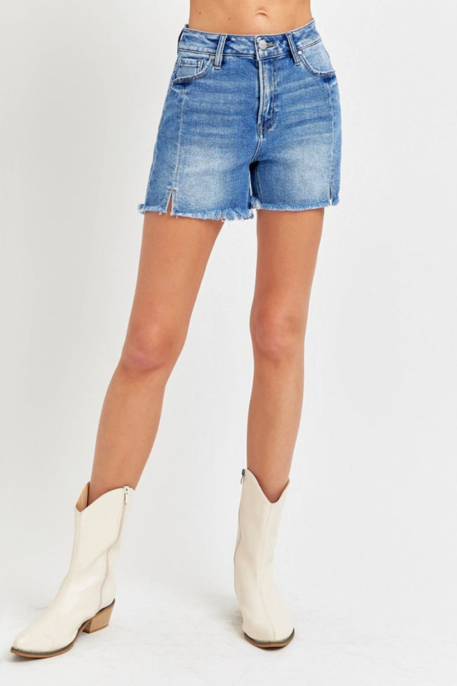 RISEN Front Slit Raw Hem Denim Shorts - Luxe Shopping