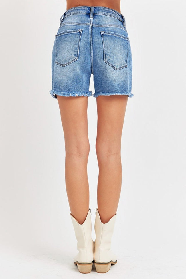 RISEN Front Slit Raw Hem Denim Shorts - Luxe Shopping