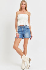 RISEN Front Slit Raw Hem Denim Shorts - Luxe Shopping