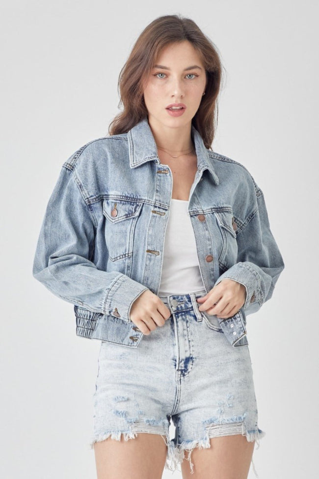 RISEN Full Size Button Down Cropped Denim Jacket - Luxe Shopping