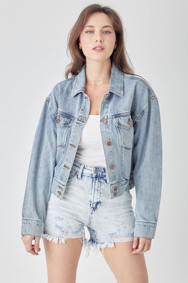 RISEN Full Size Button Down Cropped Denim Jacket - Luxe Shopping