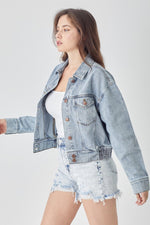 RISEN Full Size Button Down Cropped Denim Jacket - Luxe Shopping