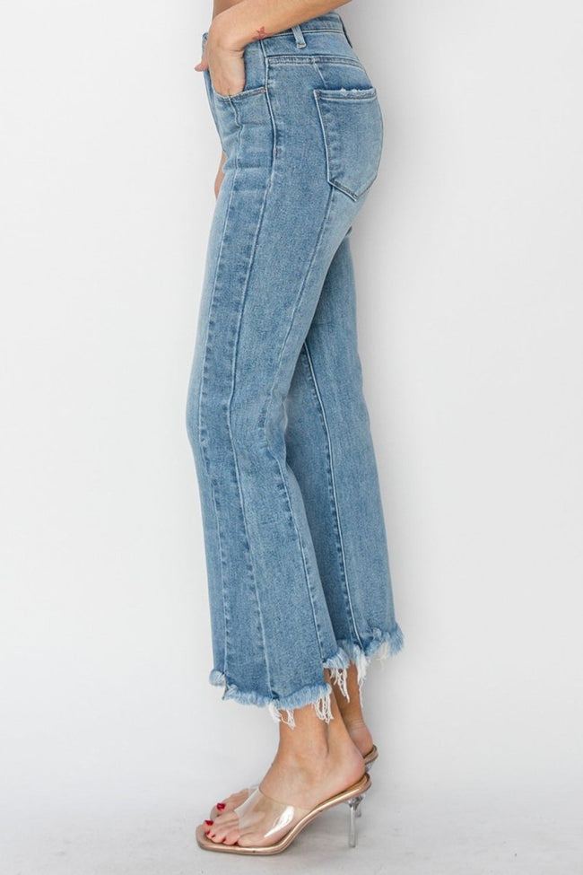 RISEN Full Size High Rise Frayed Hem Flare Jeans - Luxe Shopping