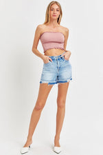 RISEN High Rise Distressed Hem Denim Shorts - Luxe Shopping