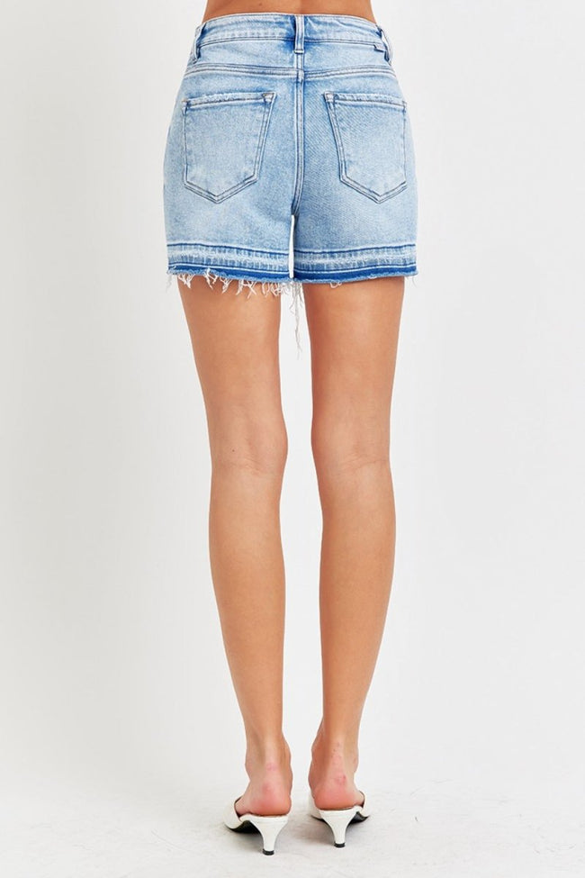 RISEN High Rise Distressed Hem Denim Shorts - Luxe Shopping