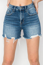 RISEN High Rise Raw Hem Distressed Denim Shorts - Luxe Shopping