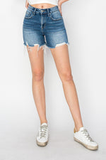 RISEN High Rise Raw Hem Distressed Denim Shorts - Luxe Shopping