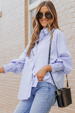 Sky Blue Smocked Cuffed Striped Boyfriend Shirt with Pocket - Luxe Shopping