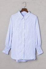 Sky Blue Smocked Cuffed Striped Boyfriend Shirt with Pocket - Luxe Shopping