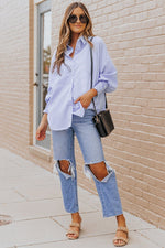 Sky Blue Smocked Cuffed Striped Boyfriend Shirt with Pocket - Luxe Shopping