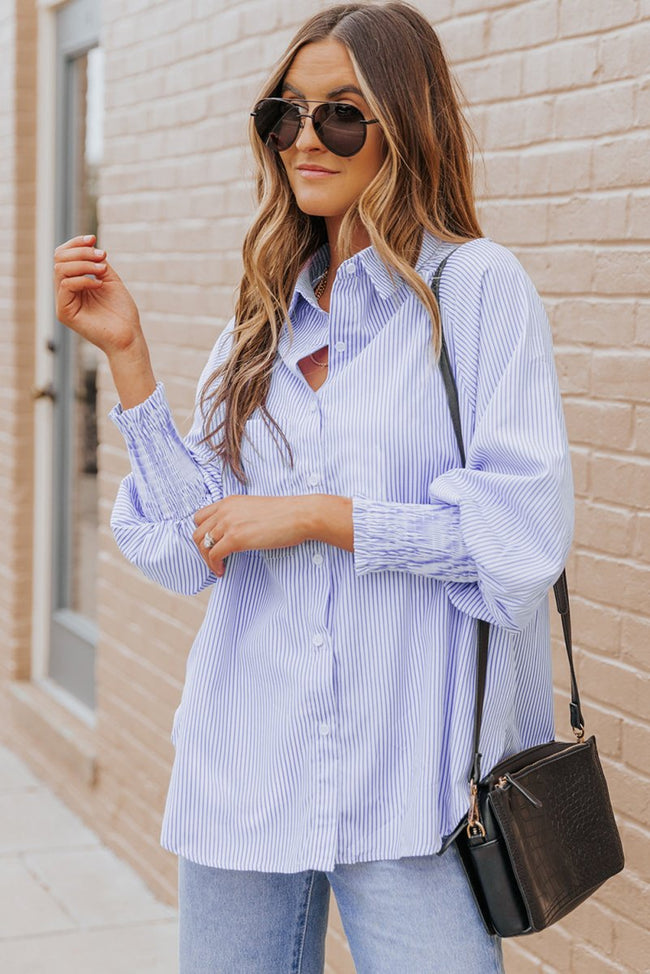 Sky Blue Smocked Cuffed Striped Boyfriend Shirt with Pocket - Luxe Shopping