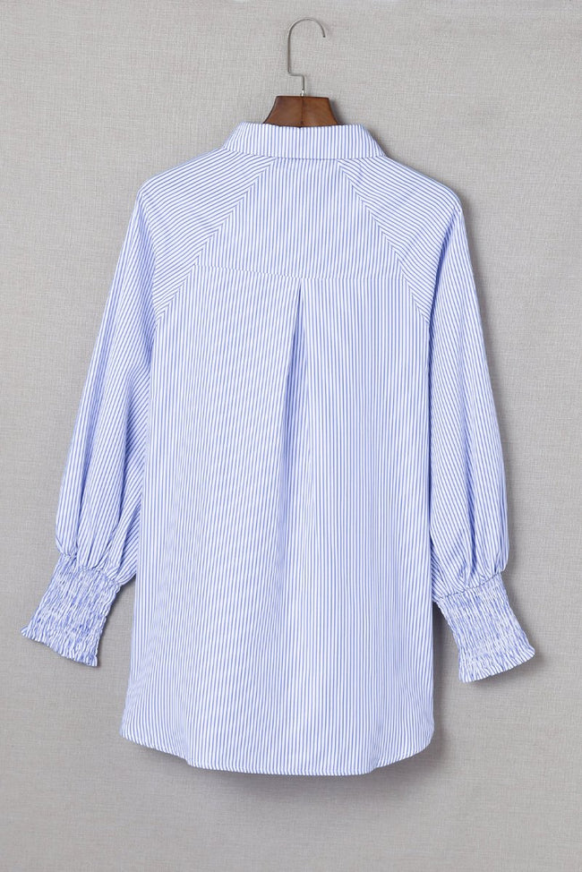 Sky Blue Smocked Cuffed Striped Boyfriend Shirt with Pocket - Luxe Shopping