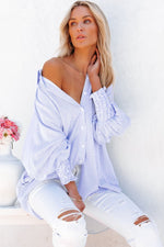 Sky Blue Smocked Cuffed Striped Boyfriend Shirt with Pocket - Luxe Shopping