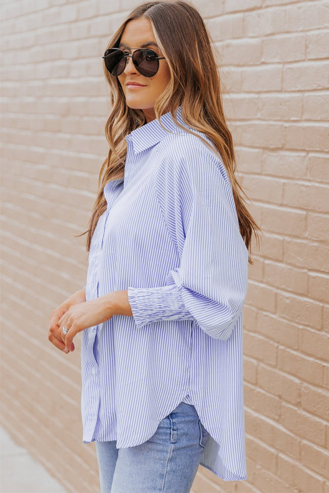 Sky Blue Smocked Cuffed Striped Boyfriend Shirt with Pocket - Luxe Shopping