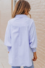 Sky Blue Smocked Cuffed Striped Boyfriend Shirt with Pocket - Luxe Shopping