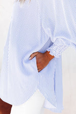 Sky Blue Smocked Cuffed Striped Boyfriend Shirt with Pocket - Luxe Shopping