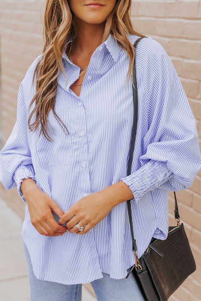 Sky Blue Smocked Cuffed Striped Boyfriend Shirt with Pocket - Luxe Shopping