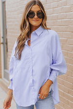 Sky Blue Smocked Cuffed Striped Boyfriend Shirt with Pocket - Luxe Shopping