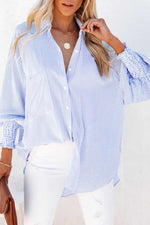 Sky Blue Smocked Cuffed Striped Boyfriend Shirt with Pocket - Luxe Shopping