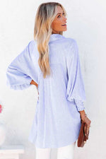 Sky Blue Smocked Cuffed Striped Boyfriend Shirt with Pocket - Luxe Shopping