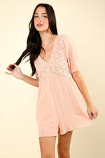 VERY J Lace Detail Puff Sleeve Romper with Pockets - Luxe Shopping