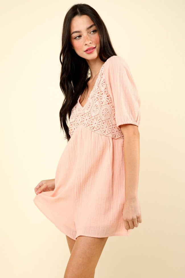 VERY J Lace Detail Puff Sleeve Romper with Pockets - Luxe Shopping