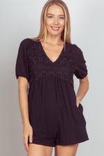 VERY J Lace Detail Puff Sleeve Romper with Pockets - Luxe Shopping