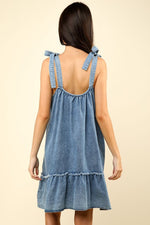 VERY J Shoulder Tie Washed Denim Mini Dress - Luxe Shopping