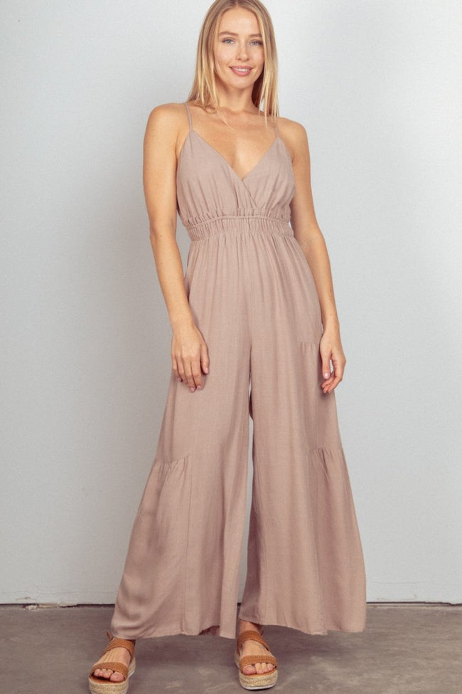 VERY J Sleeveless Ruched Wide Leg Jumpsuit - Luxe Shopping