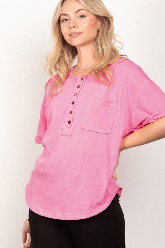 VERY J Twisted Sleeve Band Half Button Top - Luxe Shopping