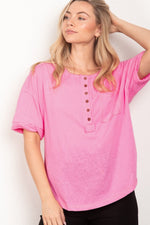 VERY J Twisted Sleeve Band Half Button Top - Luxe Shopping