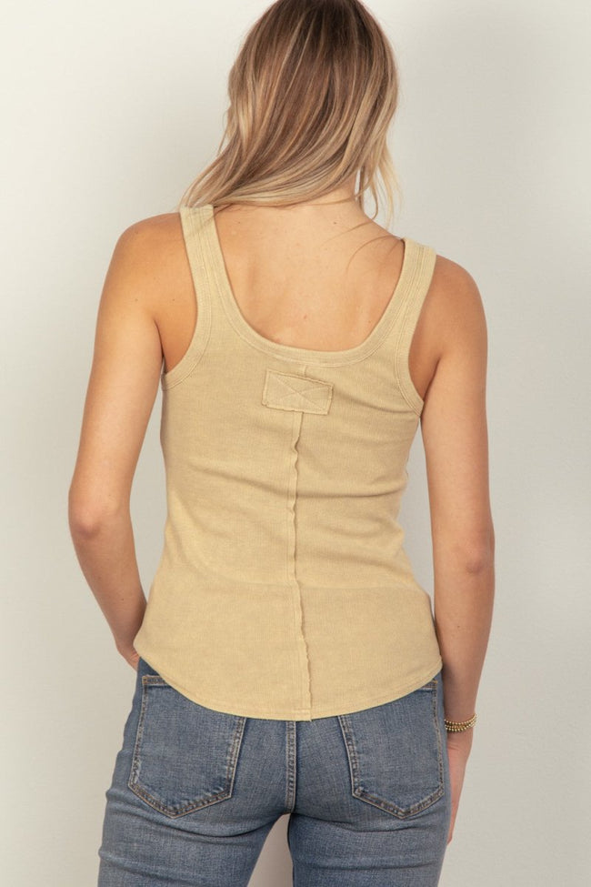 VERY J Washed Ribbed Tank with Placket Detail - Luxe Shopping