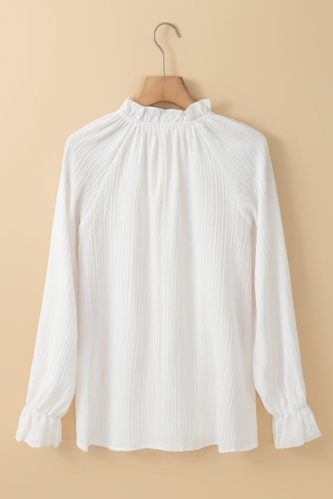 White Frilled Mock Neck Ripple Bubble Sleeve Blouse - Luxe Shopping