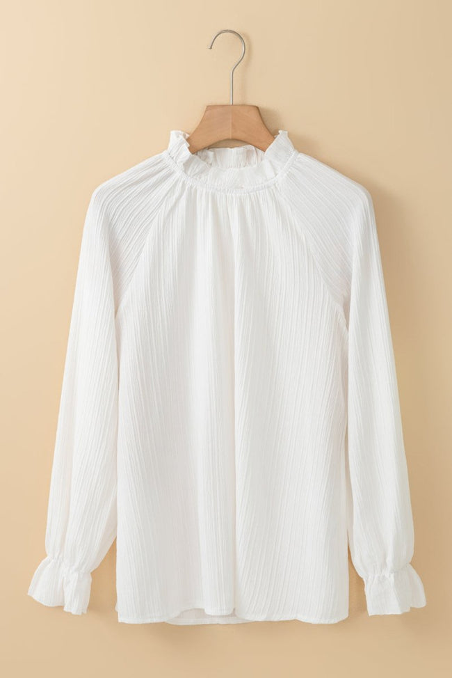 White Frilled Mock Neck Ripple Bubble Sleeve Blouse - Luxe Shopping